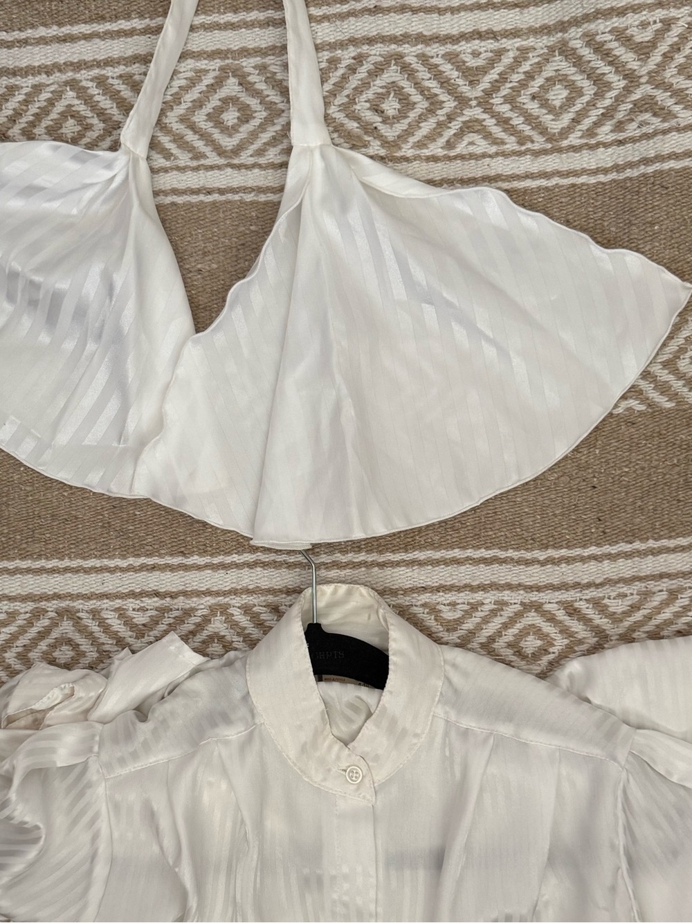 Vintage 1980s Ivory Satin Silky Striped 2-piece High Neck Scarf Tie Blouse M